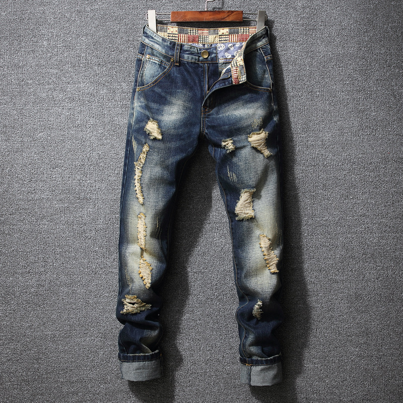 Winter Personalized Retro Ripped Jeans Men's Slim Small Straight Large Size Trousers European and American Trendy Brand Versatile Men's Trousers