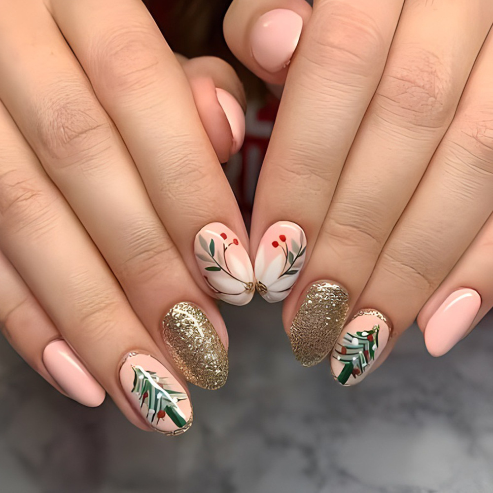 [Christmas] Short Fake Nails with Shiny Glitter, Christmas Tree Nail Art, Christmas Fruit Detachable Press-On Nails