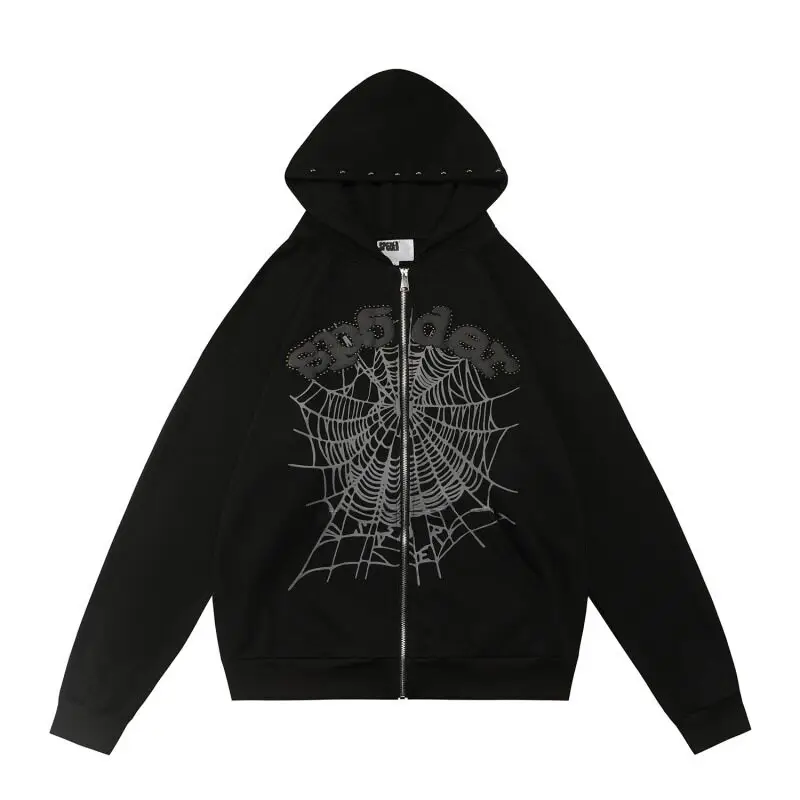 Sp5Der American Street Style 555555 Spider Web Foam Letter Print Loose Casual Unisex Cardigan Hoodie