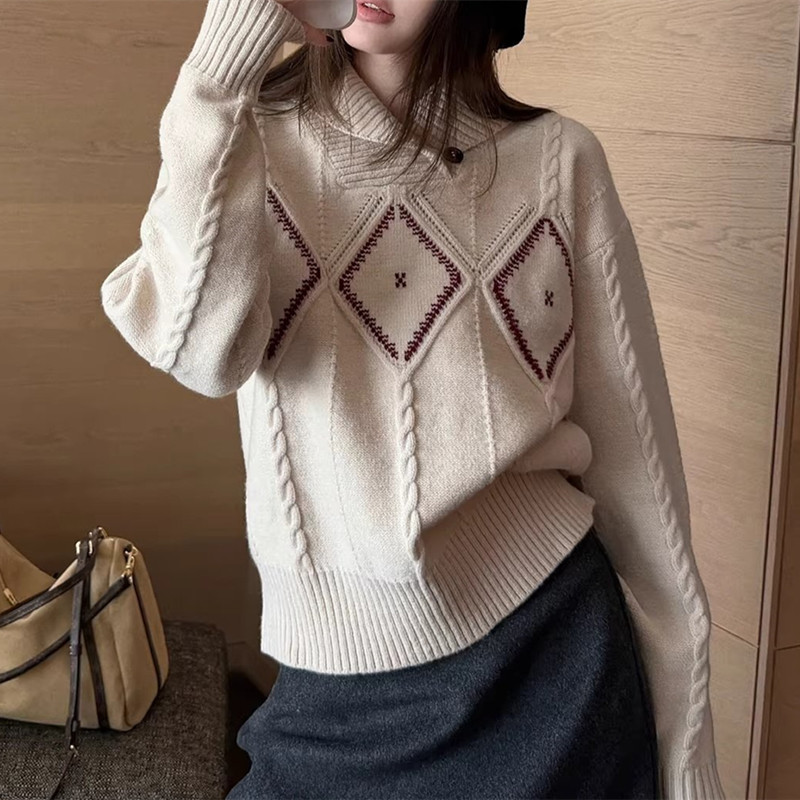 Vintage Fashion Loose Fit Spring New Versatile Top Lazy Style Cable Knit Round Neck Red Sweater for Women