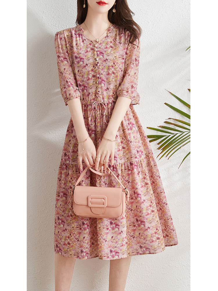 Pink Silk Dress for Women, Hangzhou Summer New Style, Printed Silk, Loose Fit, Waist-Cinching, Mid-Length, Elegant for Work