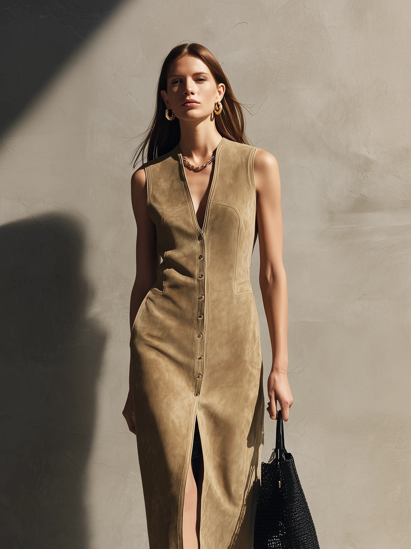 2026 European and American Cross-Border Independent Website Summer New Model Women's High-End Elegant Suede Sleeveless V-Neck Mid-Length Dress