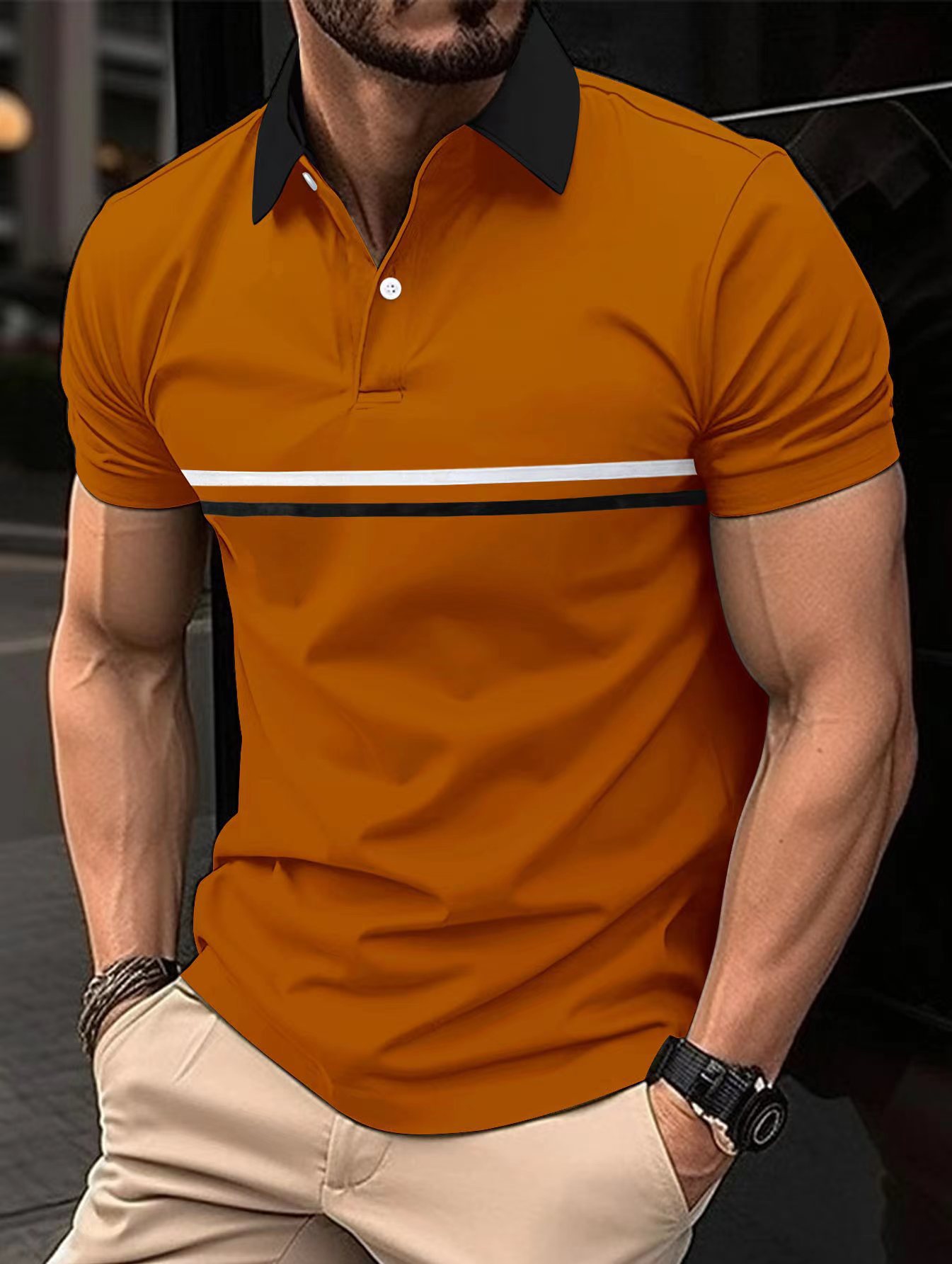 Cross-border Amazon striped stitching polo shirt European and American daily casual lapel Short Sleeve Polo suit