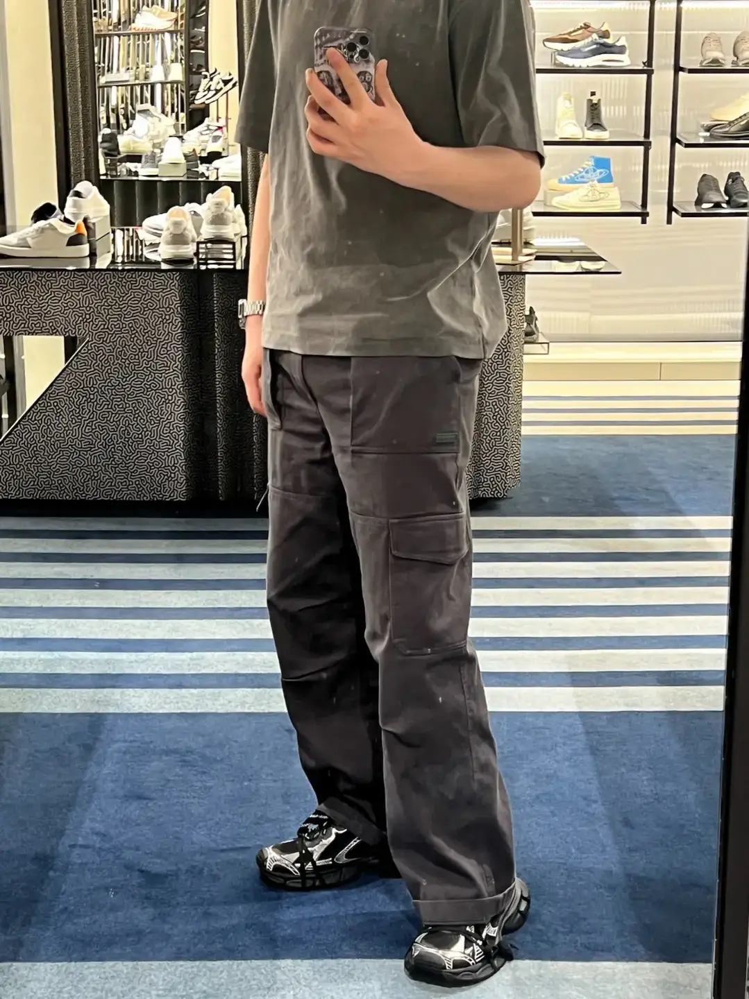 I795 Ac Same Style Retro Distressed Workwear Paratrooper Pants Casual Pure Color Mid-Waist Straight Leg Baen Style Dark Gray