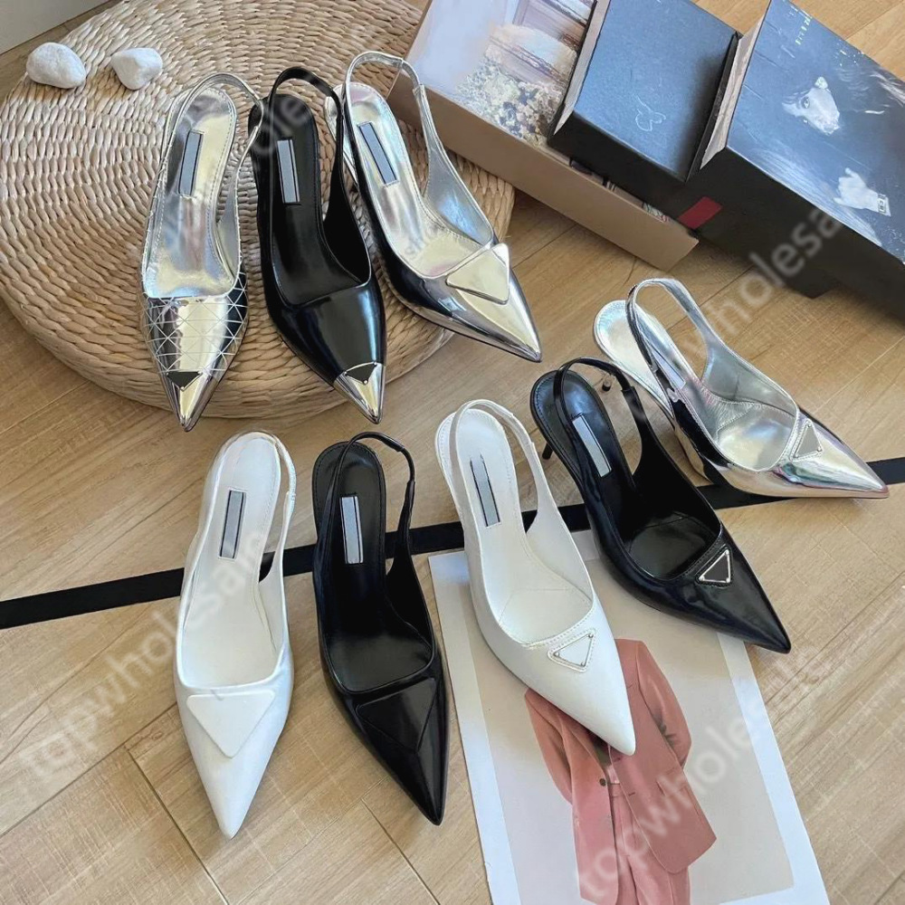 Spot 2024 New P Family Triangle Logo Back Hollow Low Heel Sandals Classy Genuine Leather Pointed Toe Back Hollow High Heel Sandals