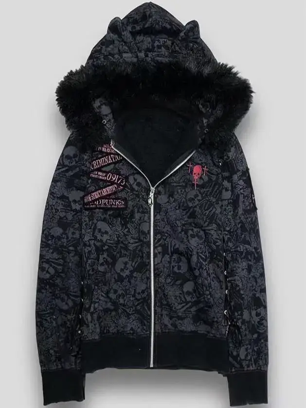 Subcultural gothic rock punk yk millennium Shibuya spicy girl cat ear skull fur collar hooded sweatshirt jacket