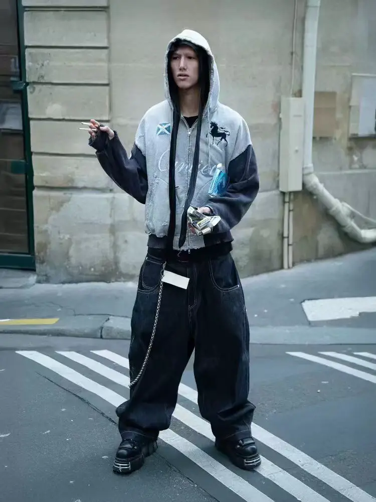 [Original] Gr25Ss War Horse Distressed Zipper Hoodie Patchwork Color Block Hooded Sweatshirt Jacket