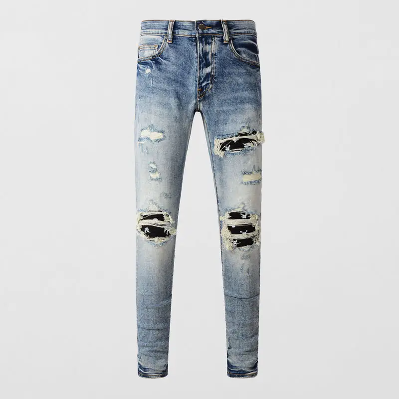 European and American Street Fashion Men's Jeans, Distressed Light Blue Patch Hip-Hop Slightly Elastic Slim Fit Jeans for Men, Trendy