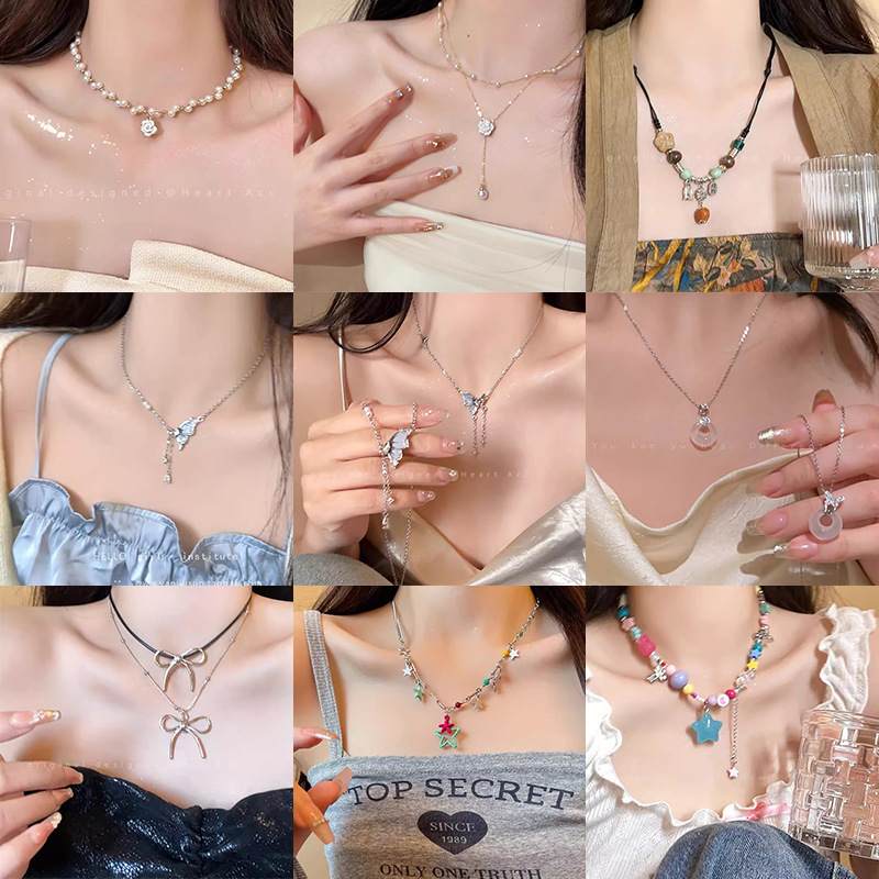 Korean-Style Light Luxury High-End Butterfly Pearl Necklace Wholesale Ins Niche Design Dazzling Zircon Clavicle Chain for Women