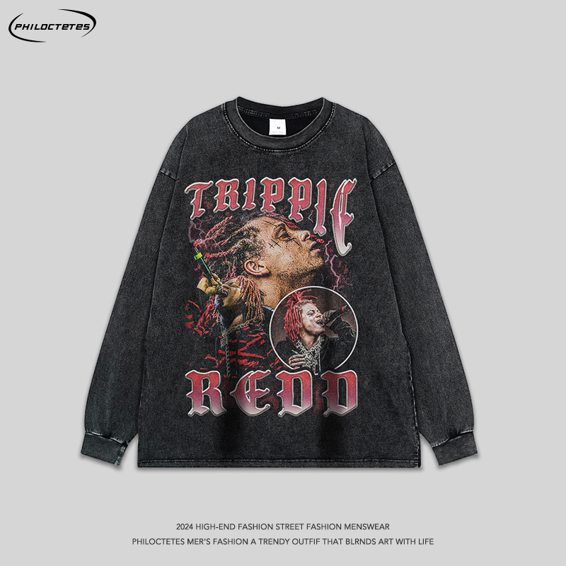 American-style Hip Hop Rap Figure Washing Water Long-sleeved T-shirt Men's vintage Street Old Loose Base Top Autumn Fashion