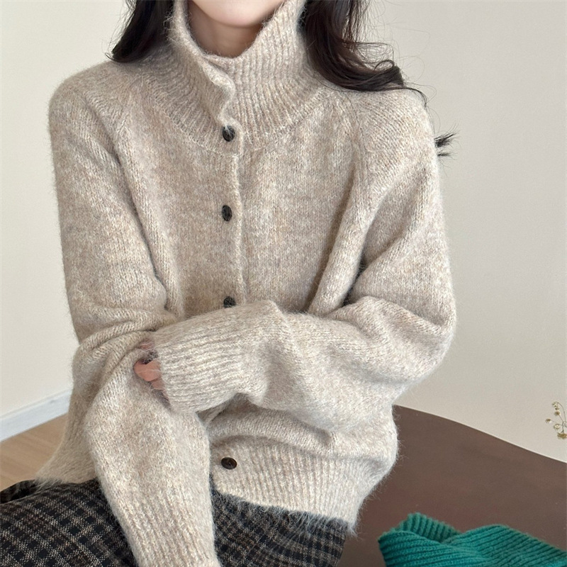 Kaning Retro Lazy Style Floral High-Neck Knitted Cardigan 2026 Autumn and Winter New Loose Soft Sweater Jacket