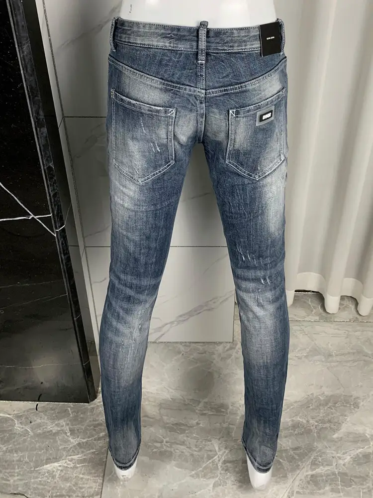 Gray Blue Washed Heavy Craft European Station Denim Male D2 Designer Skinny Jeans silm Micro Elasticity