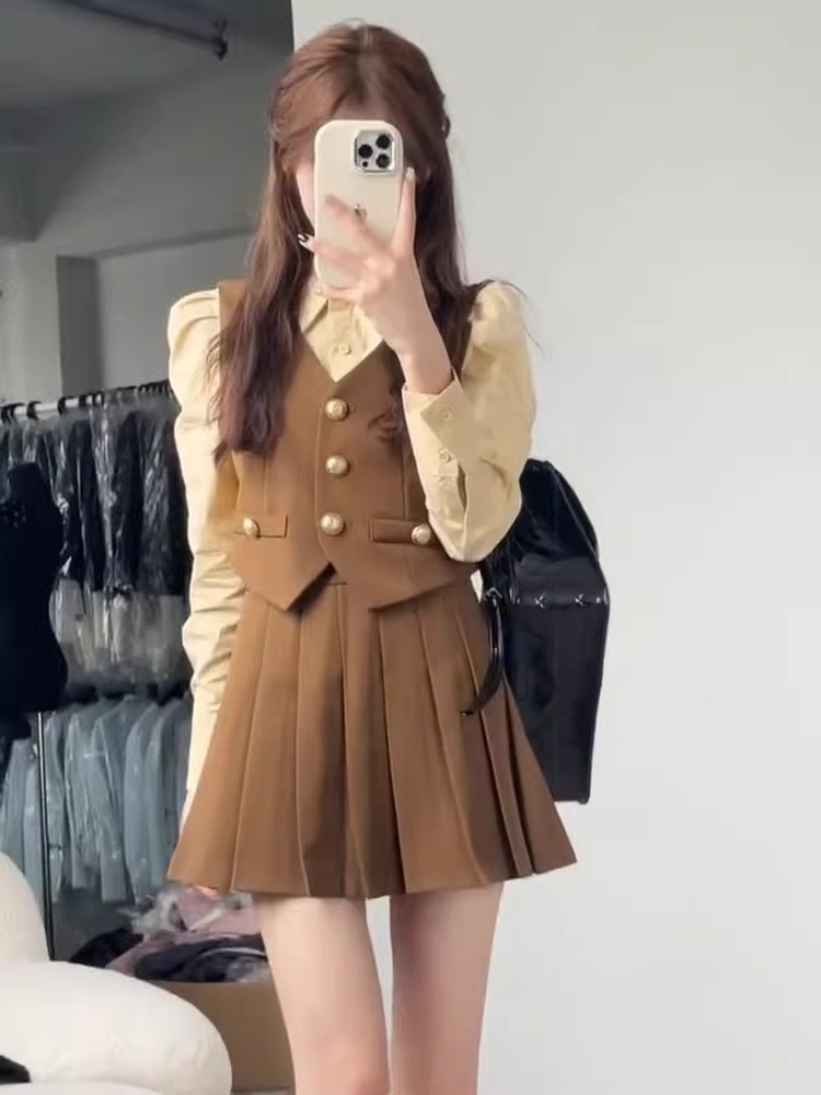 British Academy Style Dress Women's Autumn New Small Suit Vest Striped Shirt Long Sleeve Pleated Skirt Three-Piece Set