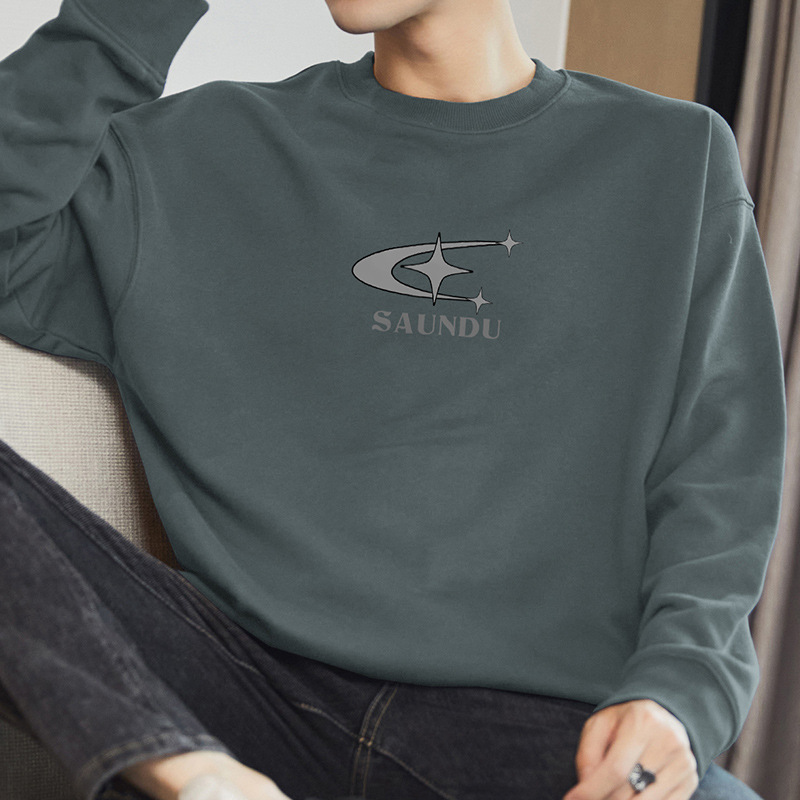 320g Heavyweight Crew Neck Sweatshirt for Men, 2026 New Style, Fleece-Lined, Warm Long-Sleeve T-Shirt, Loose Trendy Printed Top
