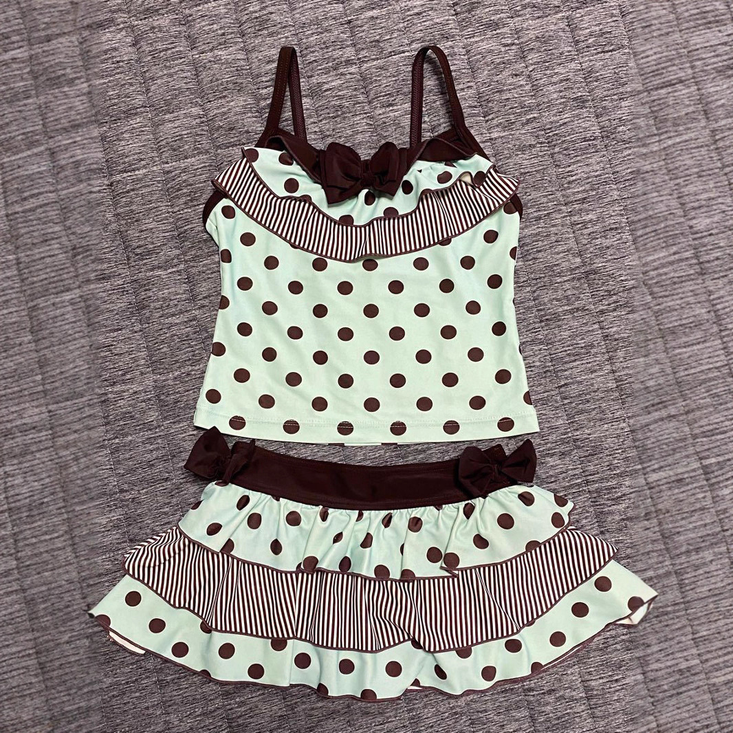 Mint Chocolate Ins Polka Dot Cute Bow Y2K Fresh Women's Vest T-Shirt Cake Skirt Two-Piece Set