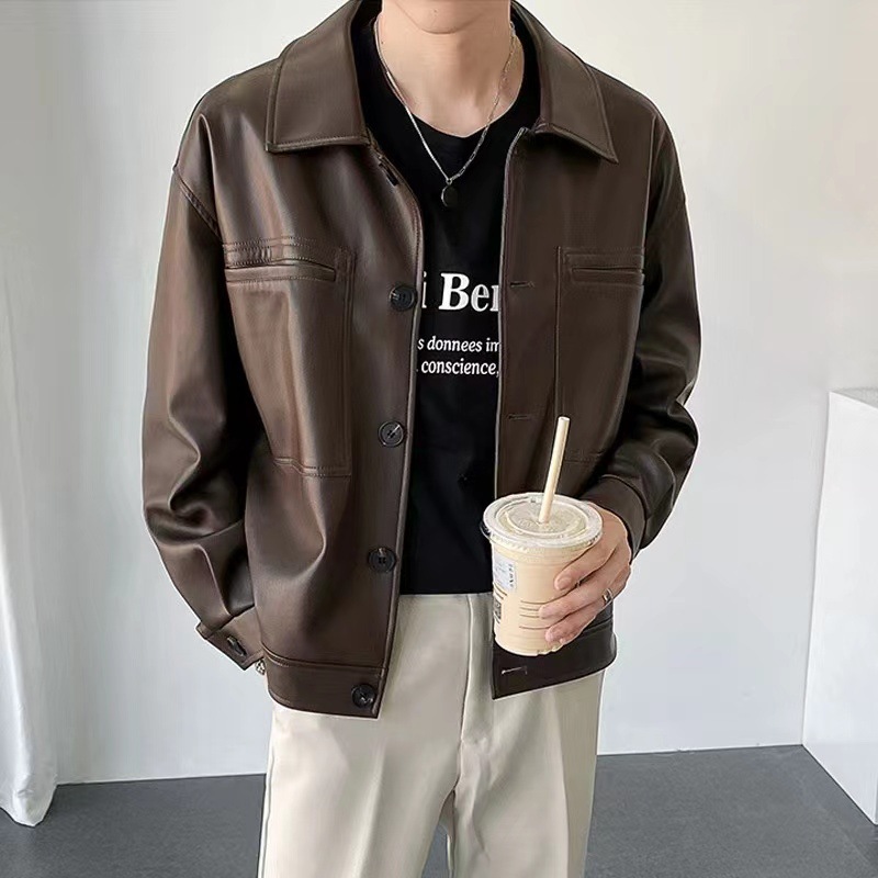 Spring and Autumn ins retro loose PU leather coat men's PU handsome top Korean style lapel motorcycle casual jacket fashion