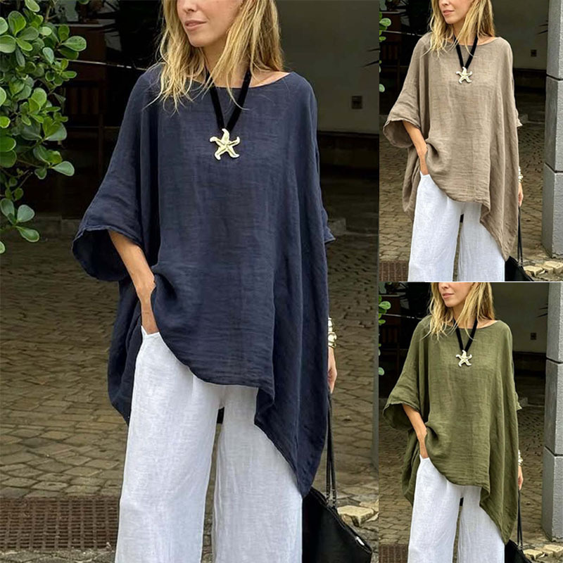 Cross-Border European and American Women's Fashion Loose T-Shirt with Irregular Hem and Batwing Sleeve Design, Casual Slimming Versatile Top
