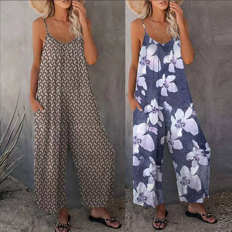 Popular 2024 European and American cross-border summer New Amazon Women's printed casual sleeveless loose wide-leg jumpsuit