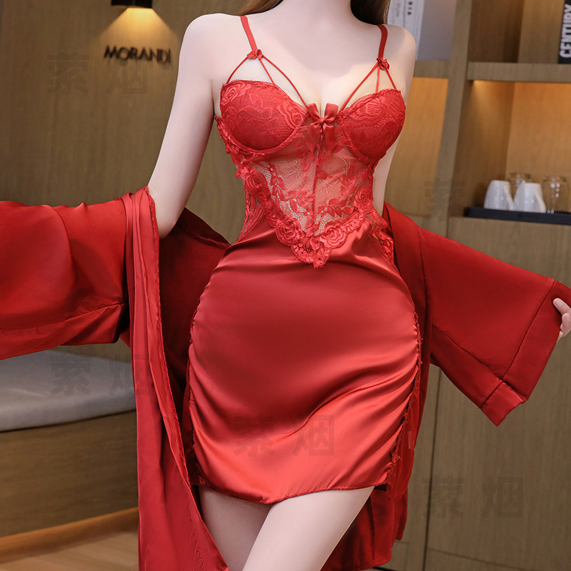 sexy lingerie with chest pad lace satin pajamas uniform seduction shirt passion pure nightgown home clothes