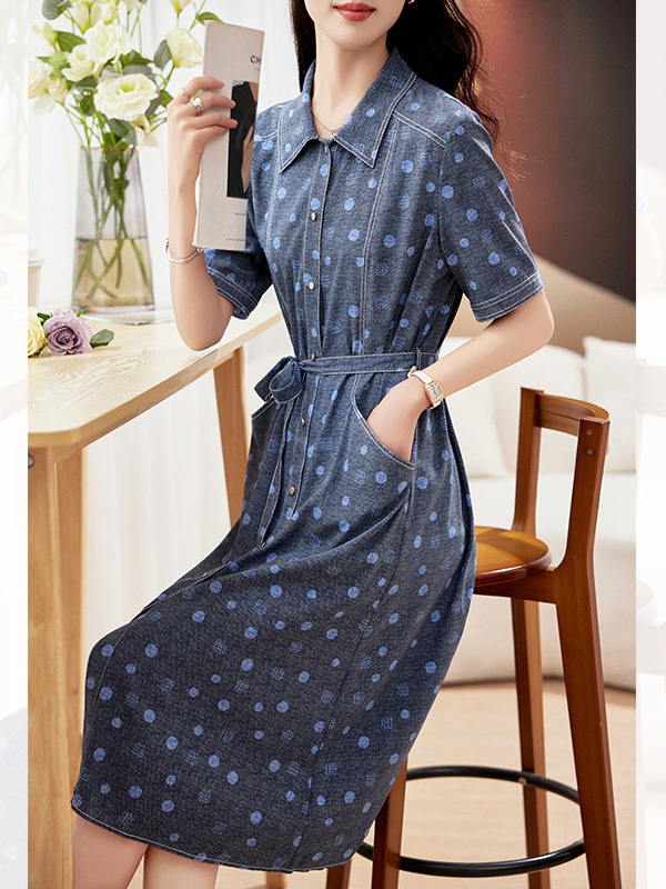 Light Luxury High-End Silk Dress for Women, Summer 2026 Hangzhou Silk Denim Blue Mulberry Silk Tie-Waist Dress