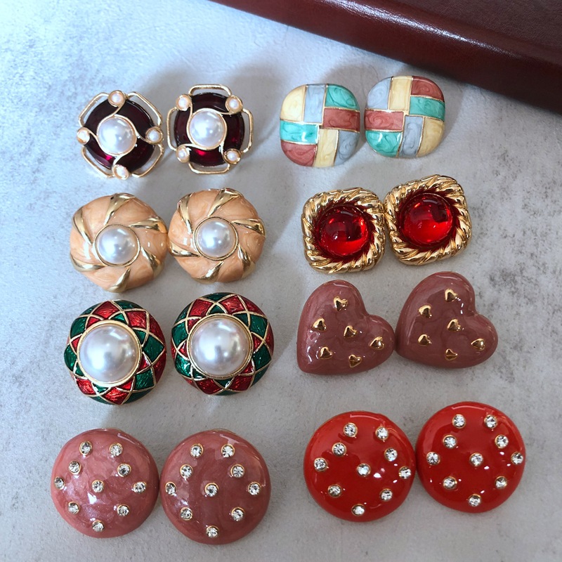Color Retro Silver Needle Earrings Color Enamel Glaze Middle Ancient Earrings Elegant Temperament Earrings Foreign Trade Retro Earrings
