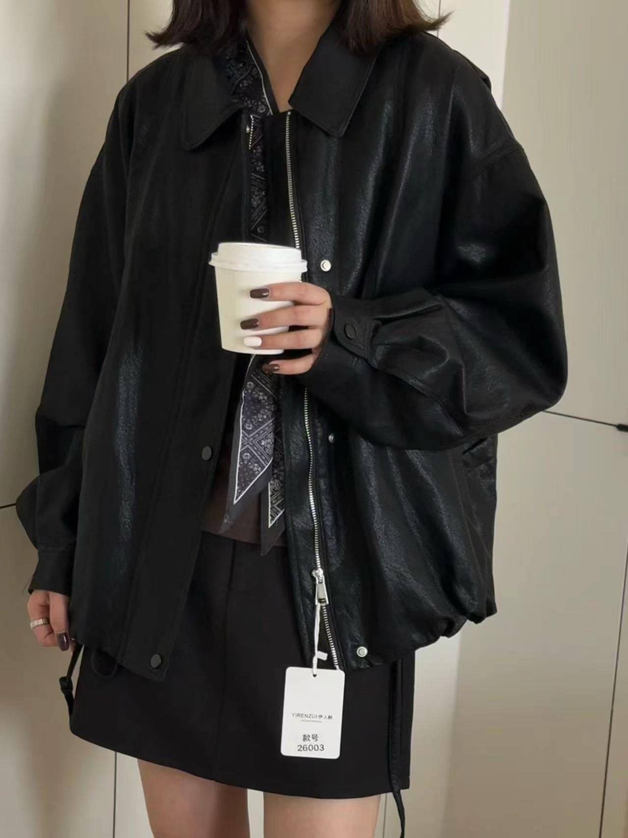 2026 Leather Jacket for Women, Long-Sleeve Cardigan, New Korean Style Jacket, Loose Casual Korean Style Jacket, Retro