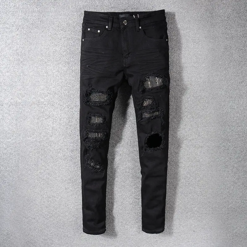 European Station Fashion High Street Men's Jeans Ripped Crumpled Cloth Micro-elastic Slim-fit Small Foot Fashion Brand Trendy Trousers