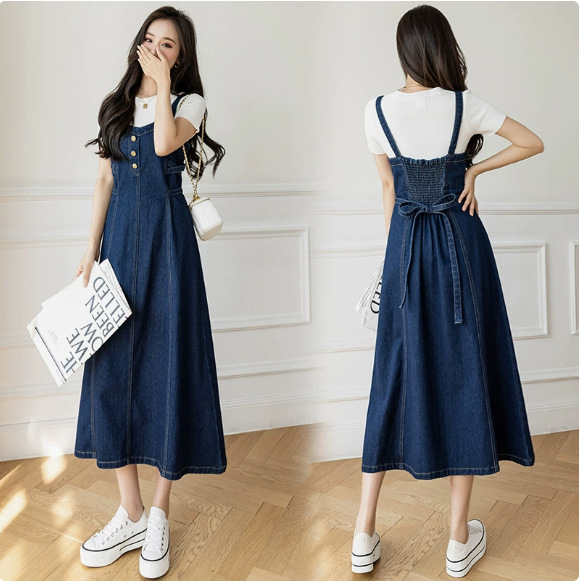 Commuter Niche Design Women's Spring and Autumn Denim Dress Casual Versatile Denim Suspender Dress Mid-Length Foreign Trade