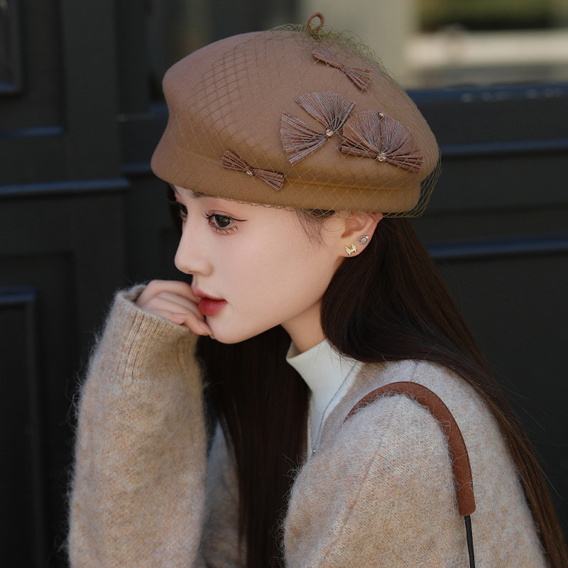 Rhinestone silk linen fan-shaped beret children autumn and winter Australian wool felt hat mesh stewardess hat fashion hat wholesale