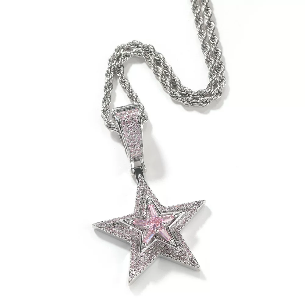 European and American style rotatable full diamond pentagram pendant for men and women, street hip-hop, niche design, personalized trend necklace