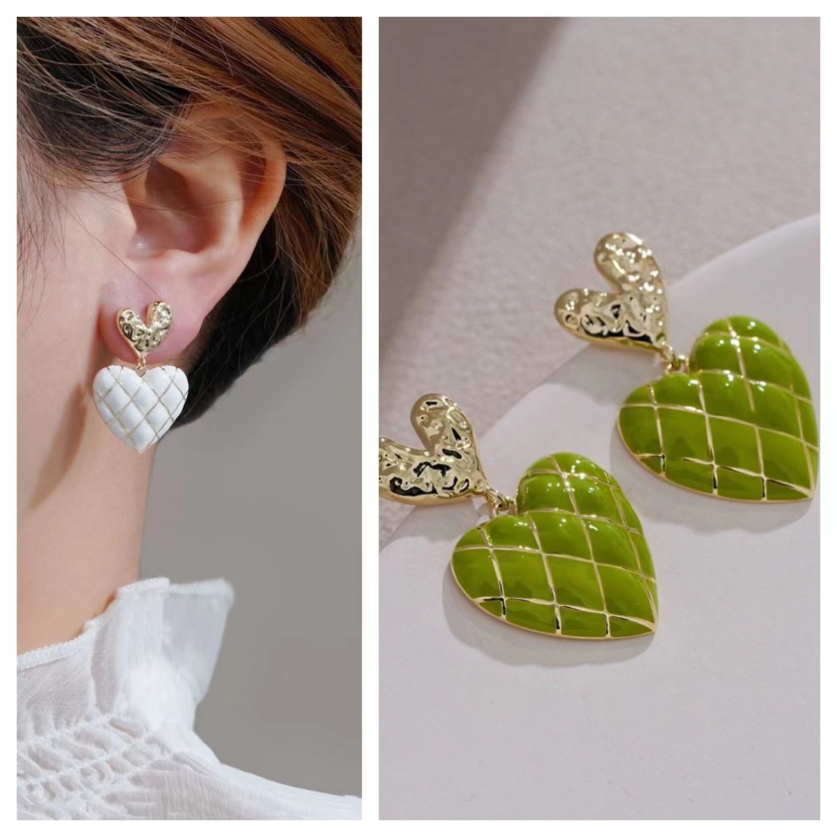 Woven Love Color Checkerboard Earrings Female Temperament Peach Heart Diamond Earrings French Hepburn Style Vintage Earrings