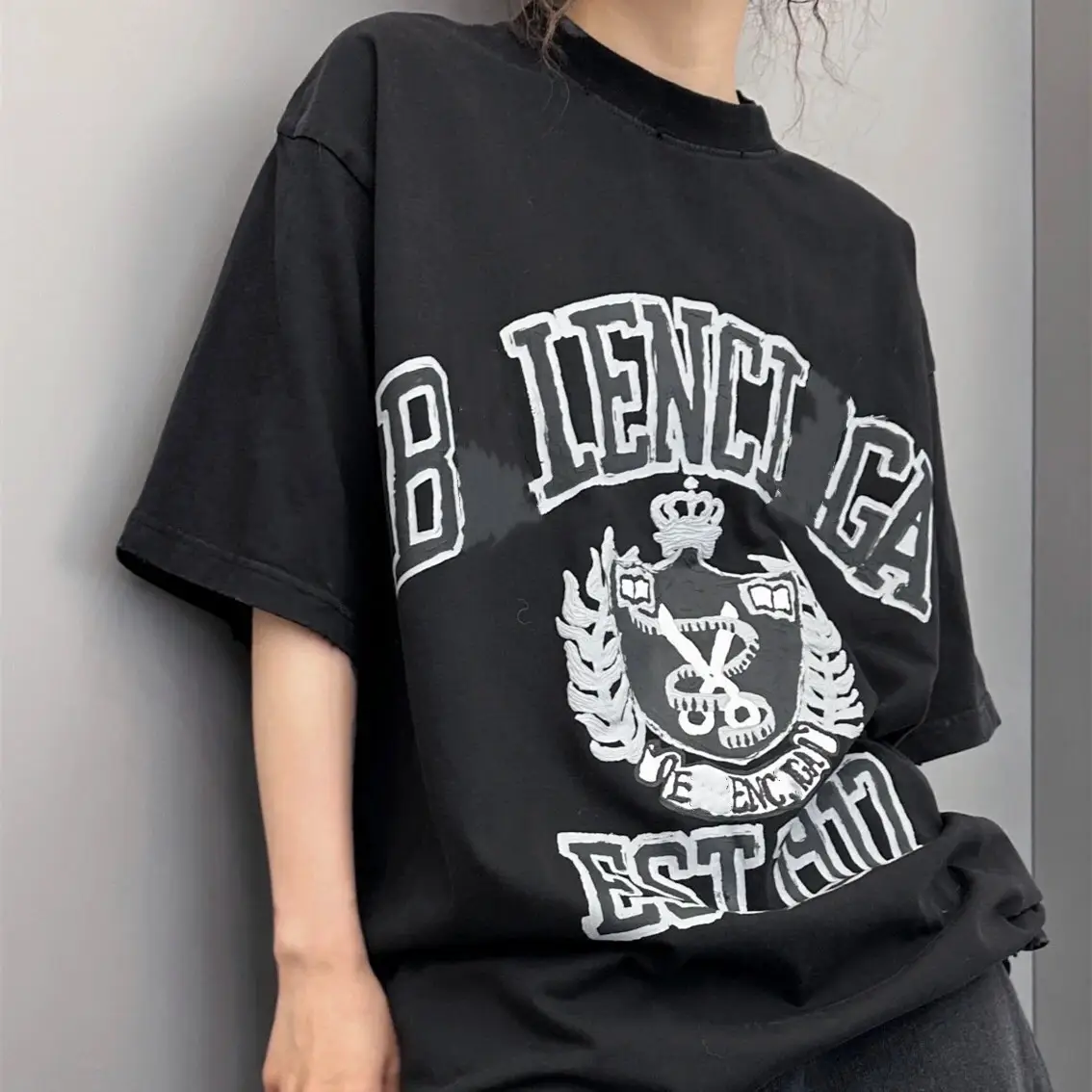 Correct Home 2023 Summer New Luxury B Family Crown Wheat Scissors Foam Printed Old Washed Short Sleeve T-Shirt