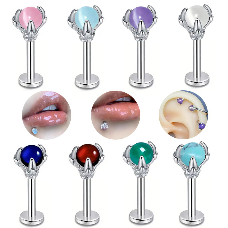 Cross-border platform hot sale dragon claw lip nail stainless steel ear bone nail Opal men and women lip ring sweet cool piercing jewelry