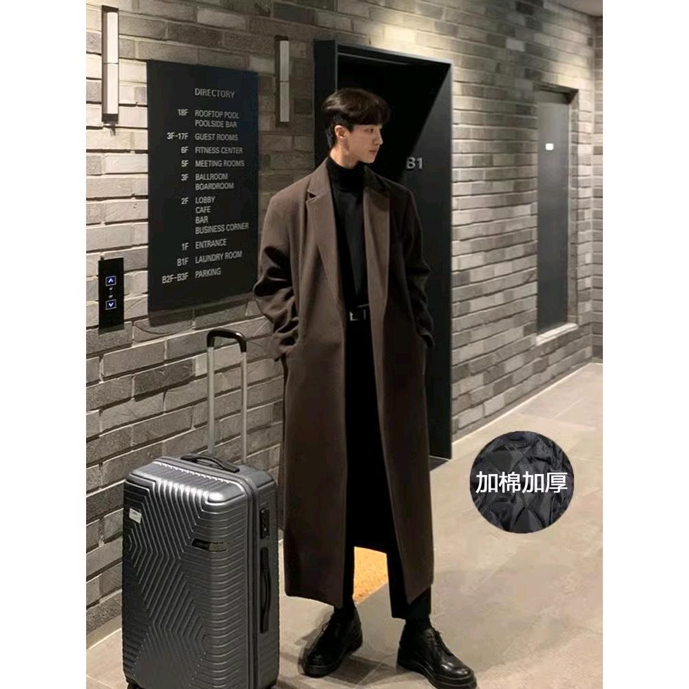 Autumn and Winter Long Woolen Coat Men's Over-the-Knee Korean Style Loose Thickened Trendy Coat High-grade Shoulder Pad Woolen Coat