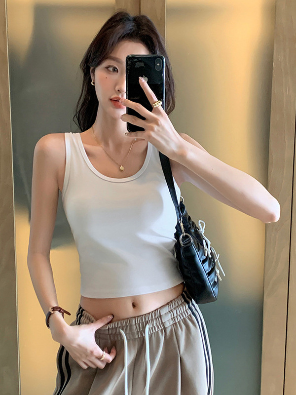 New Pure Cotton Wide Shoulder Strap Suspbottomer Sleeveless Crop Top with Side Breasts and Beautiful Back Short Vest Bottoming Intimates