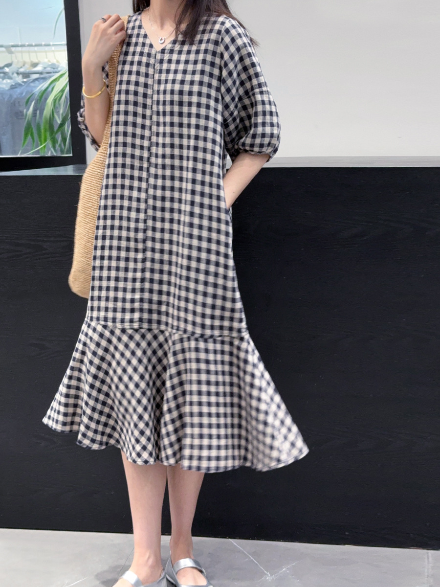 Plus French Retro Romantic V Neck Linen Dress Loose Puff Sleeve Pure Linen Fishtail Skirt Mid-Length