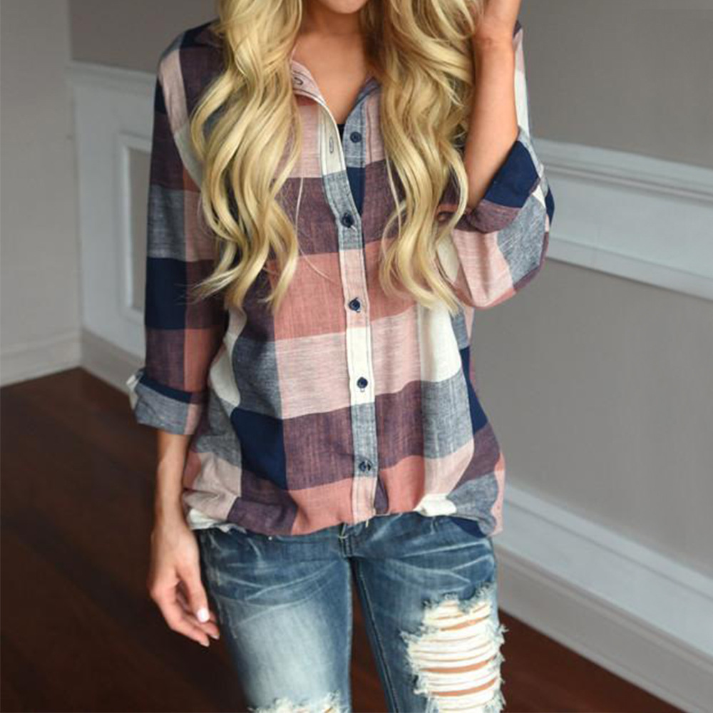 Cross-Border Women's Spring Plaid Shirt Popular Amazon European and American Lapel Casual Long-Sleeved Plaid Shirt Top 1311