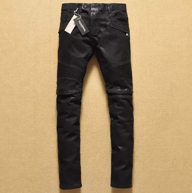 Street Fashion Trendy Waxed Pants with Knee Pleats and Wax Coating, Biker Slim-Fit Skinny Jeans for Men, Trendy Punk Style