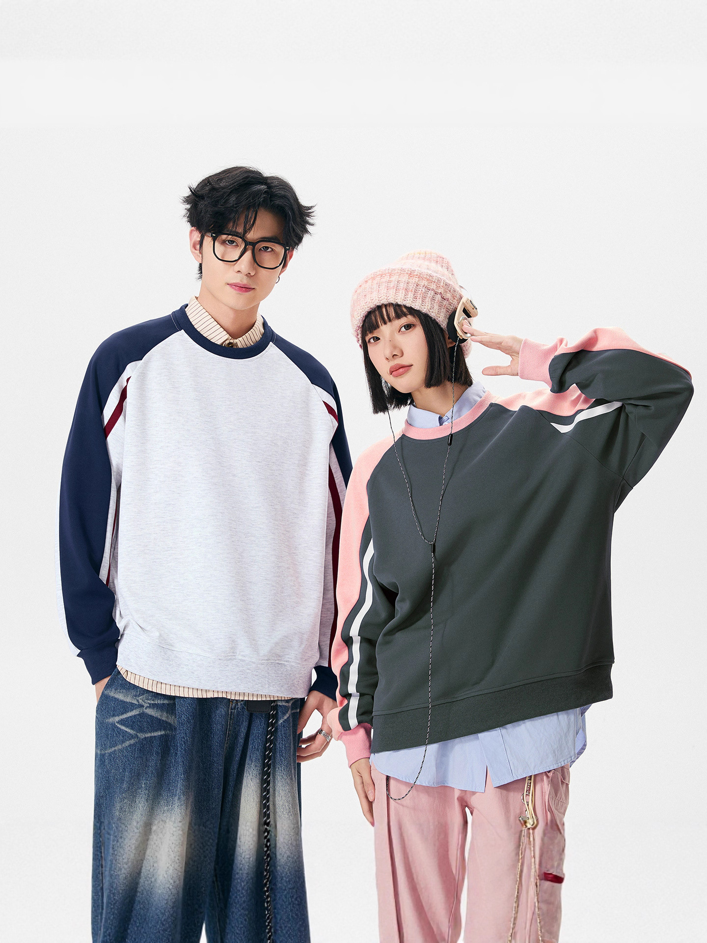 Autumn New American Style Sweatshirts for Men and Women, Trendy Brand Stitching, Contrasting Raglan Sleeves, Loose Round Neck Tops, Couple Wear
