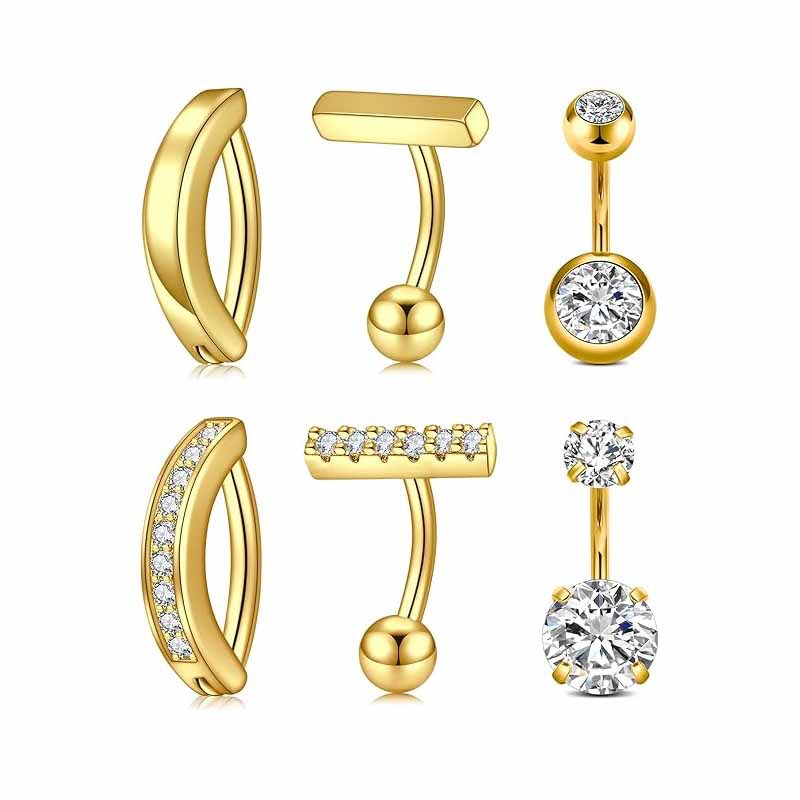 Cross-Border Stainless Steel Navel Piercing Set of 6 Pieces, Smooth Surface with Zircon Inlay, Simple Navel Rings, Piercing Jewelry in Stock