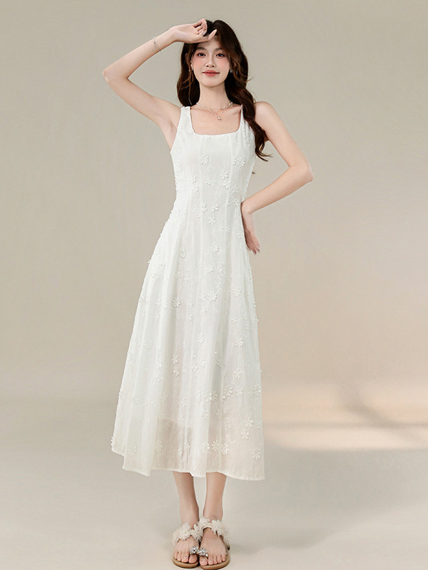 European Style Summer New French Square-Neck Light Luxury Elegant Embroidered Waist-Slimming Tank Dress