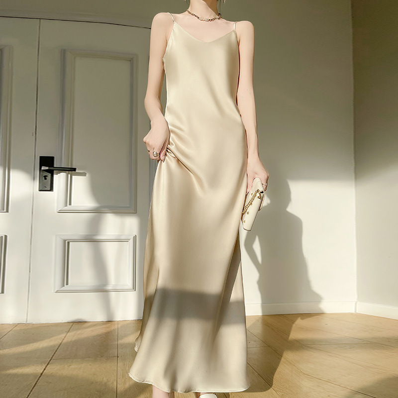 Silk Satin 2025 Spring and Summer New Women's V Neck Long Dress Pure Color Elegant Adjustable Long Skirt Sleeveless Suspender
