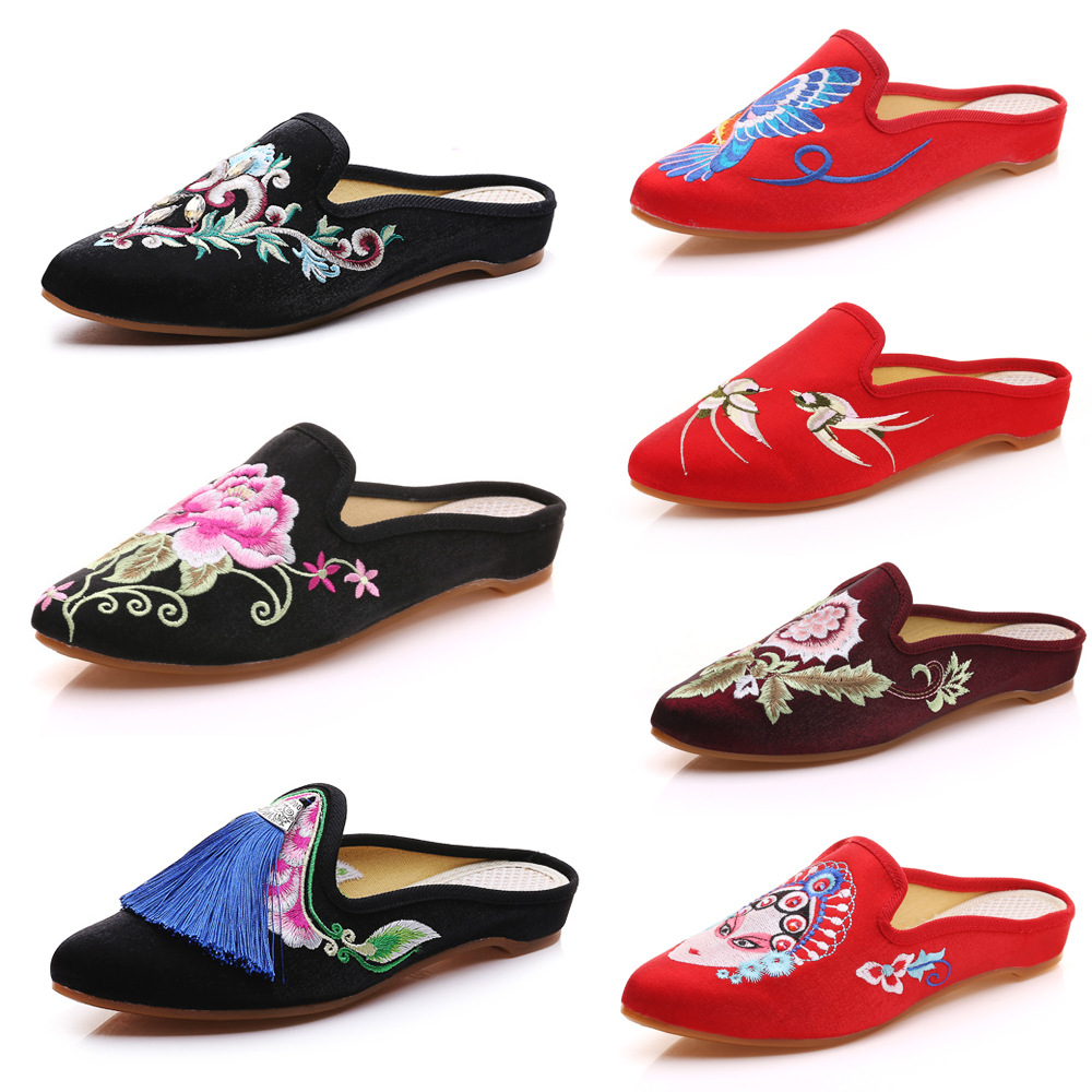 Slippers Bright Silk Cloth with Cheongsam Pointed Mueller Outer Wear Baotou Drag Fashion Ethnic Women's Shoes a generation of hair