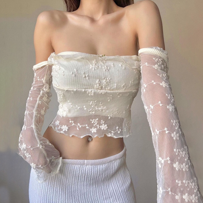 Europe and the United States cross-border foreign trade new wholesale women's top lace shoulder long sleeve backless stitching tube top umbilical