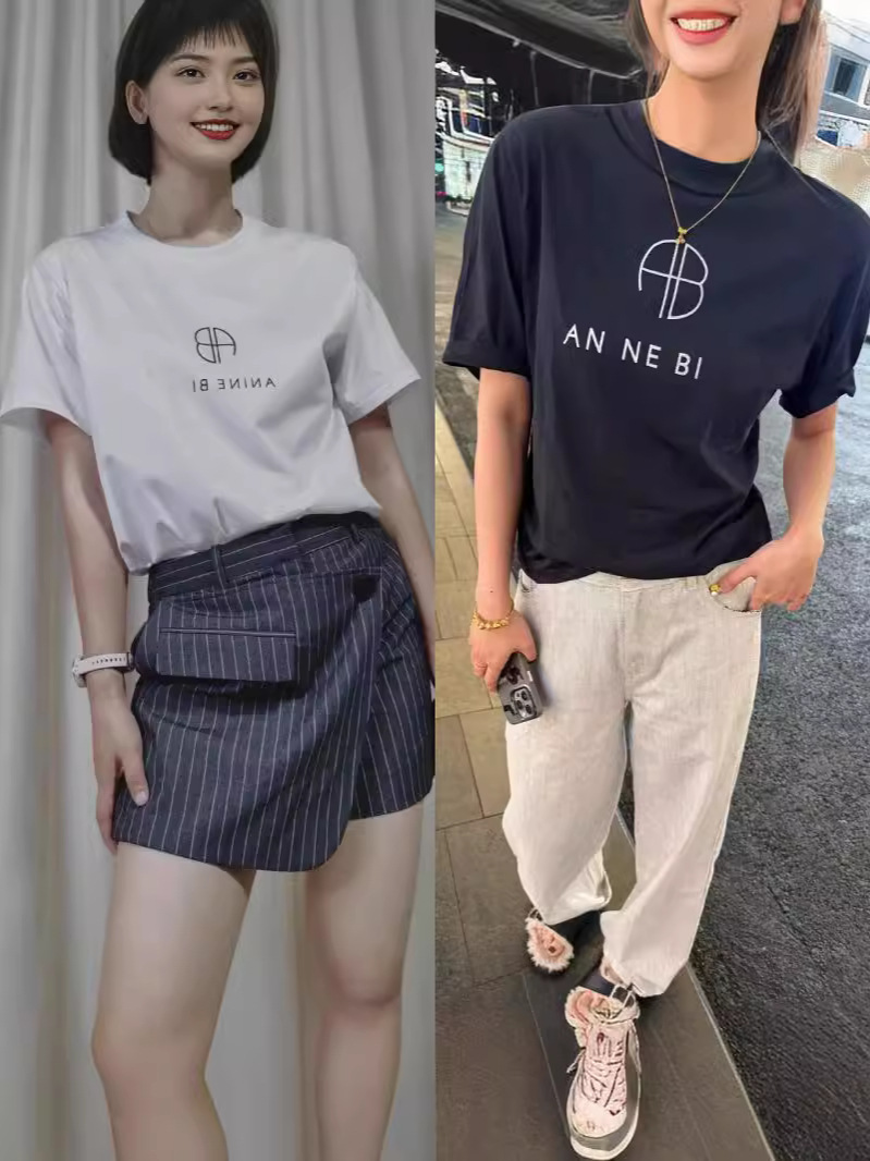 in stock ~ 24 New Niche Design AB Letter Printed T-Shirt Simple Cotton Round Neck Loose Short Sleeve Cotton Top