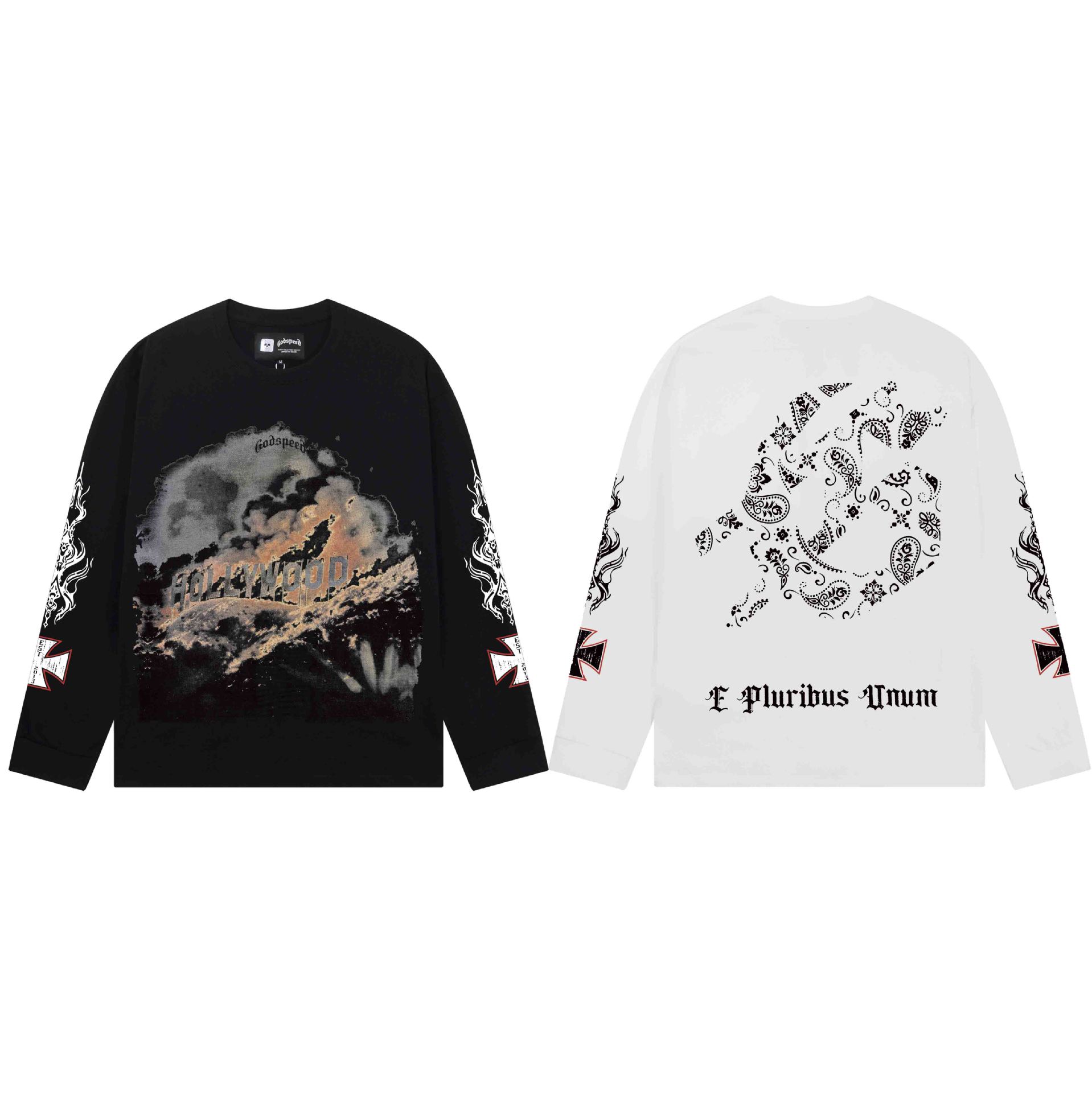 American High Street Godspeed Explosive Flame Retro Washed Men's and Women's Loose Cotton Round Neck Hip-Hop Long-Sleeved T-Shirt