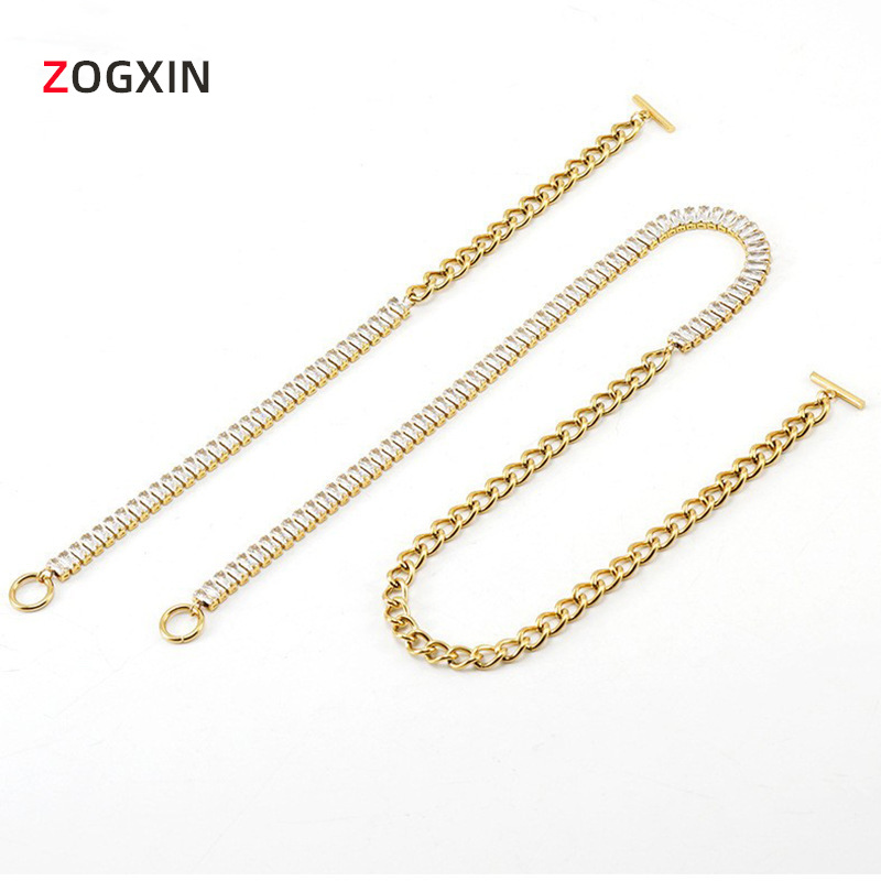Cross-Border fashion titanium steel diamond tennis chain necklace female European and American 18K gold stainless steel otbuckle bracelet jewelry wholesale