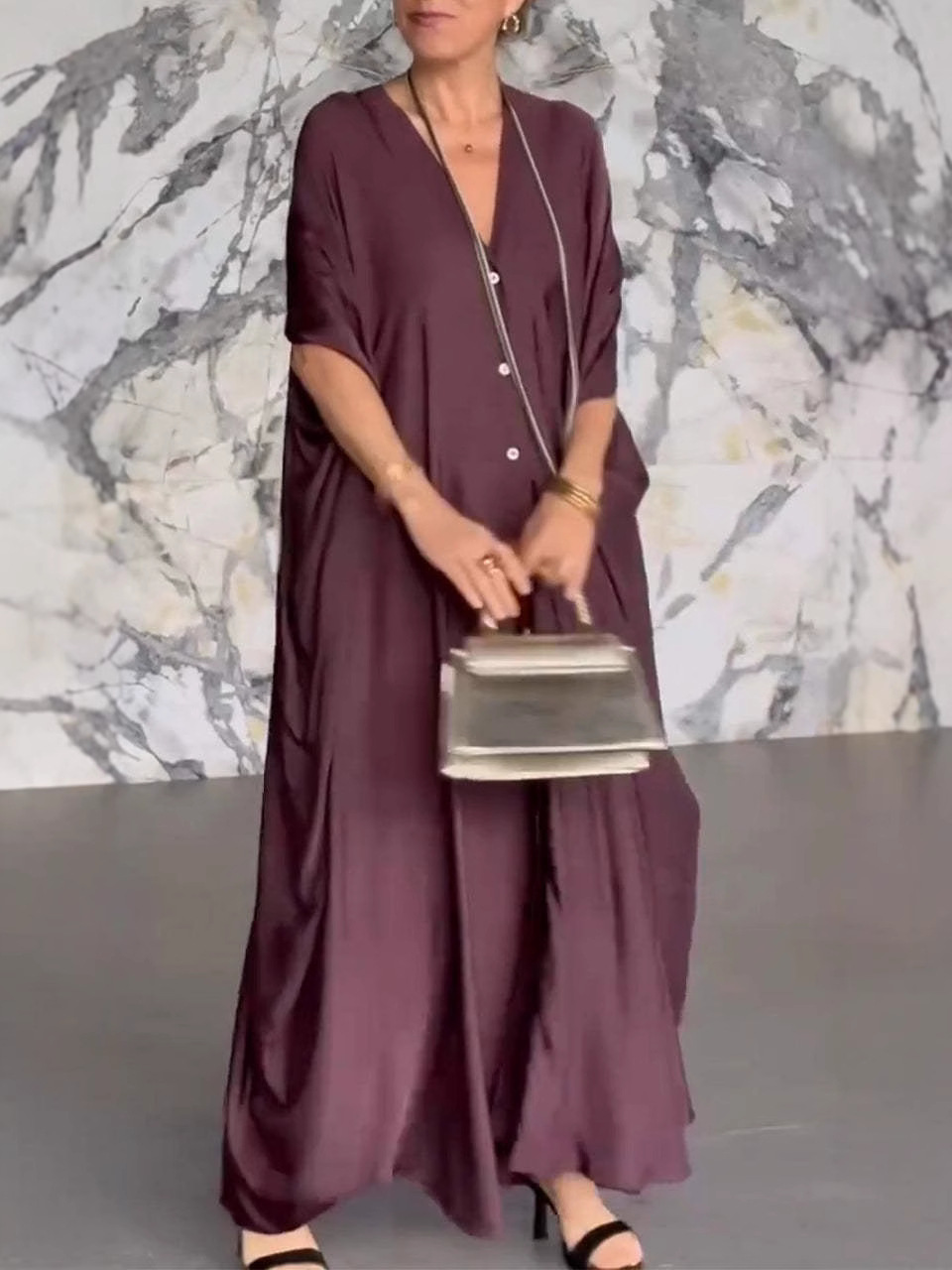 2026 New European and American Women's Fashion Cross-Border Independent Site Hot-Selling Women's V-Neck Satin Loose Casual Dress