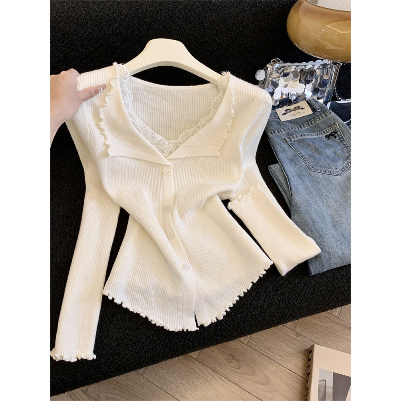 "3.16/Spring New Collection" Xuan Xiao Jie Women's Soft Knit Cardigan with Ruffled Lace V-Neck