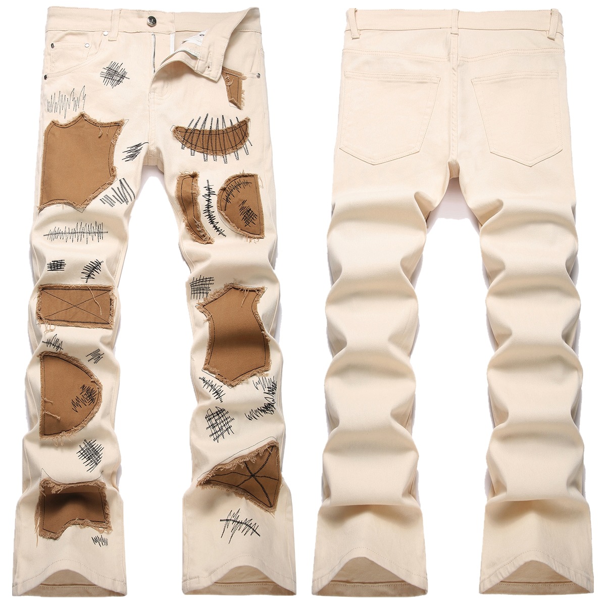 Cross-border source of European and American street fashion brand punk style personalized patch slim-fit micro-pants fashion embroidered Denim trousers